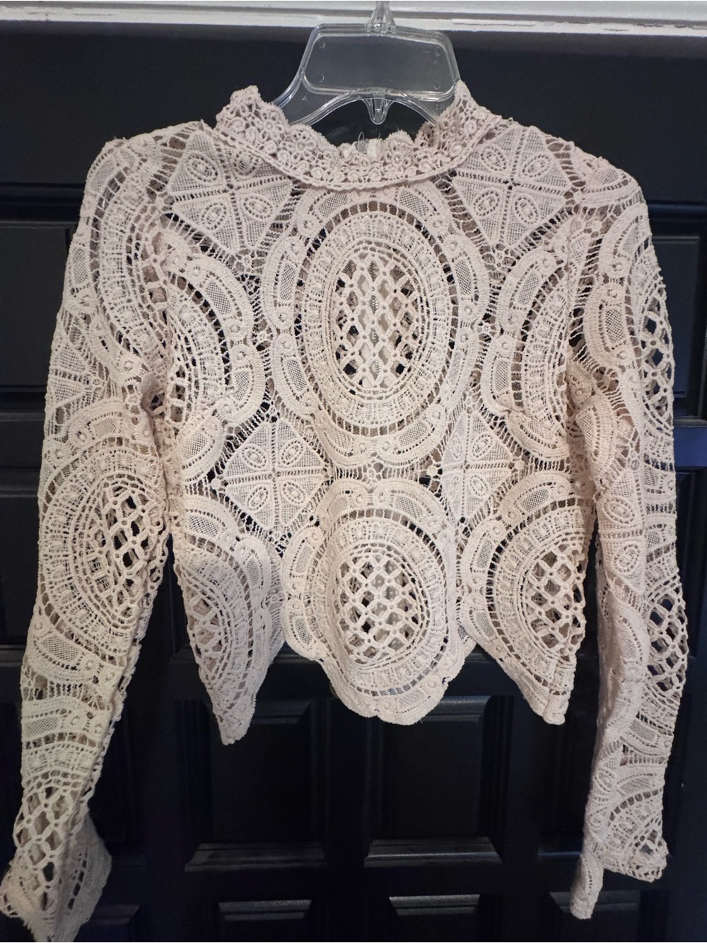 Lace Crochet Long-Sleeve Top in Cream